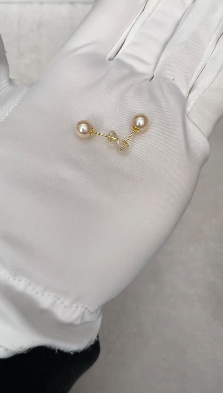 银S925镶嵌海水珍珠耳钉AK羽皇金素钉7-7.5mm