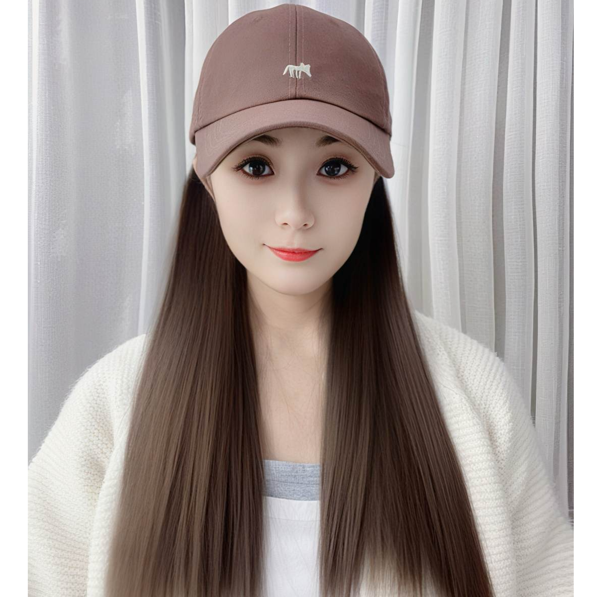 格子家小狐狸鸭舌帽仿真长直发帽子假发一体女款2025秋冬新款