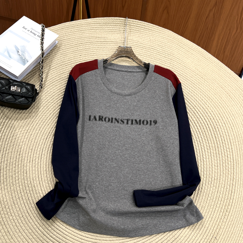 必魅-复古圆领撞色拼接字母显瘦2025秋冬新款长袖T恤打底衫55236