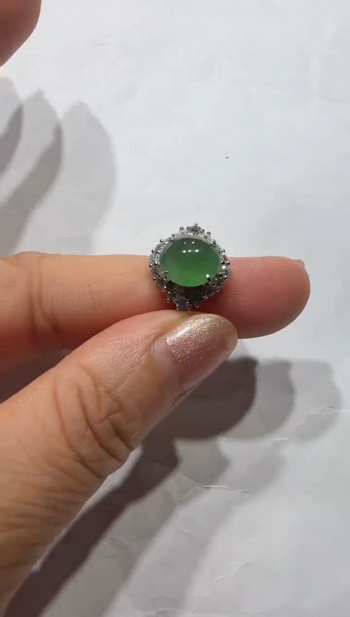 银S925镶嵌戒指翡翠925银镶缅甸A货翡翠戒指