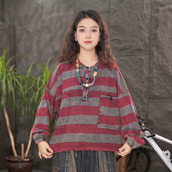 【长袖条纹卫衣】秋季女装宽松显瘦复古百搭文艺上衣
