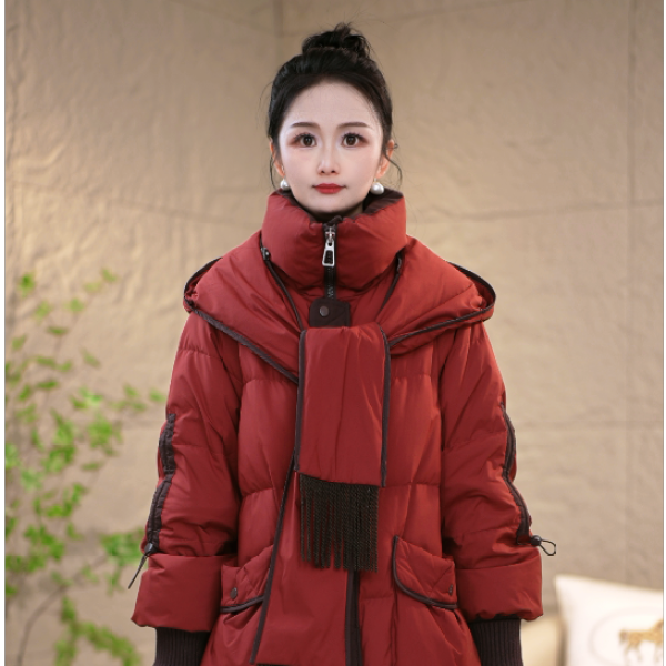 冬季设计感围巾连帽优雅百搭白鸭绒羽绒服M-XL