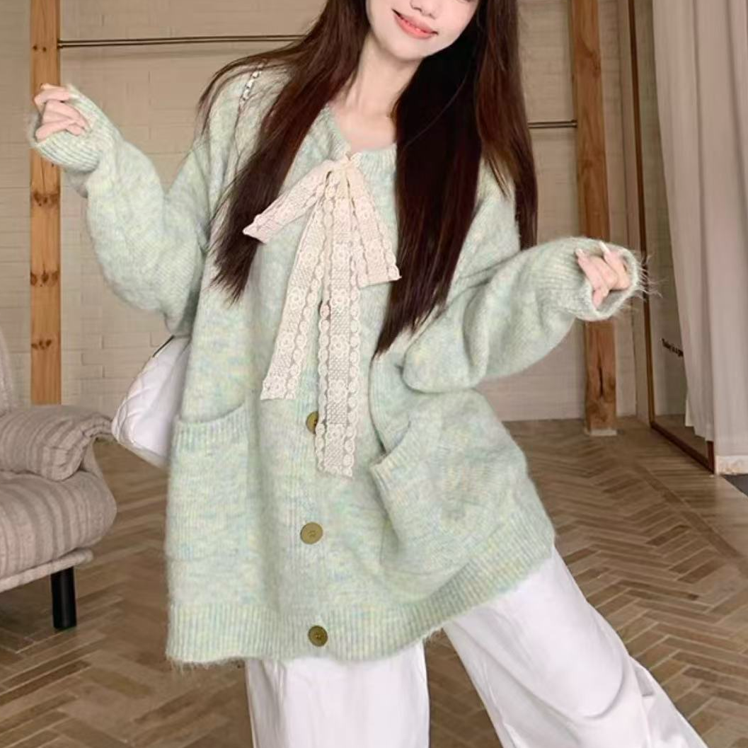 婷婷家2025秋冬新款慵懒风设计感百搭中长款宽松蝴蝶结长袖毛衣