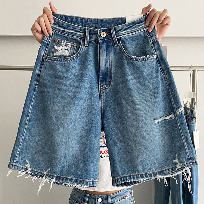 破洞四分牛仔裤女2025夏季新款胖mm大码女装高腰宽松显瘦阔腿短裤