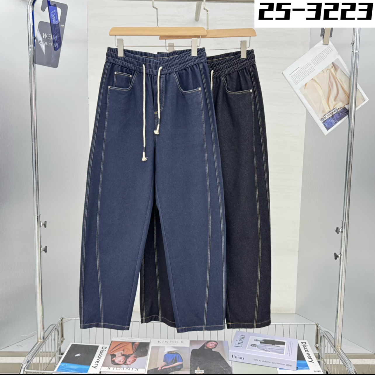 春季新款[色织牛仔]明线立体裁剪弯刀休闲牛仔裤3223