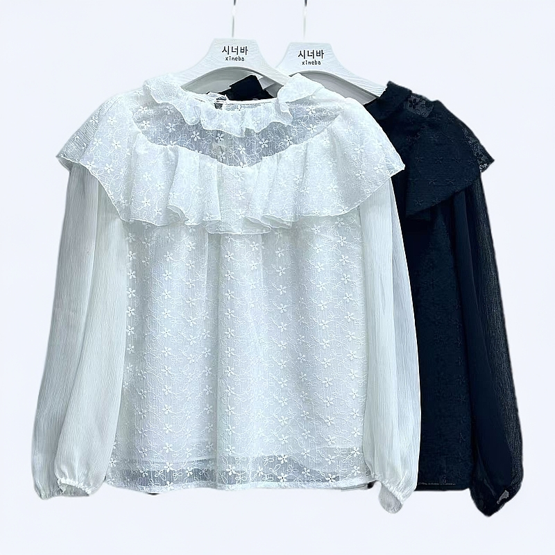 【xineba3】韩国女士荷叶边蕾丝长袖衬衫时尚洋气高端