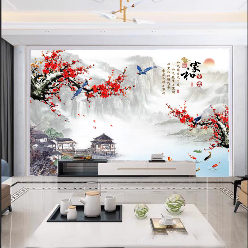 中式8d家和富贵花鸟电视背景墙纸5d客厅卧室壁纸简约影视墙布装饰