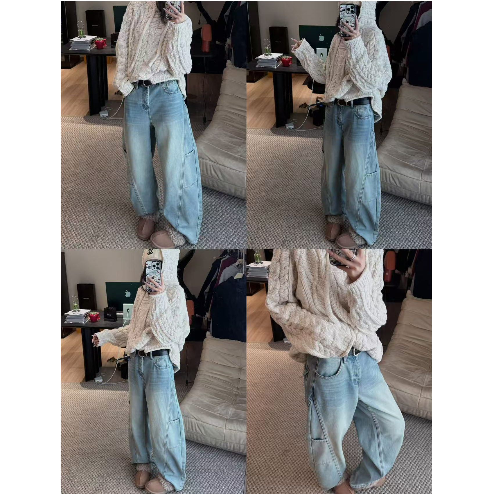 十三行白白家-百搭佼佼者～冬季新款切割超正版型植绒牛仔裤#99263