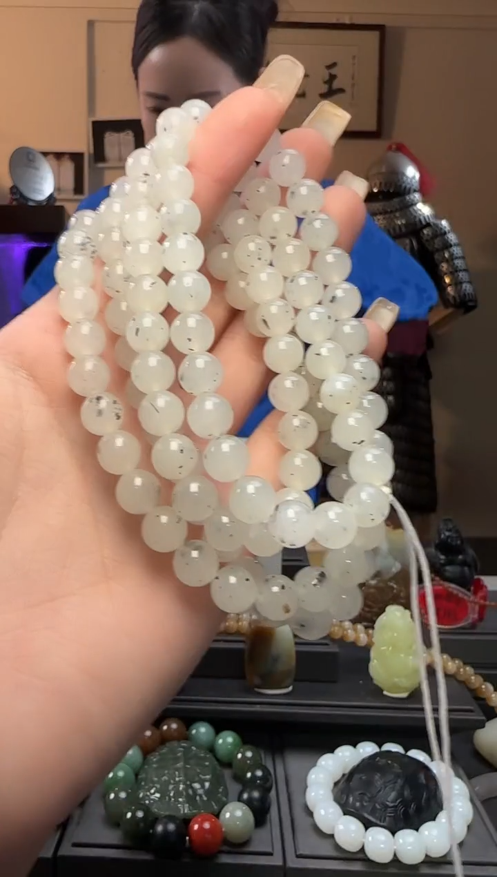 和田玉未镶嵌颈饰白玉圆珠长链