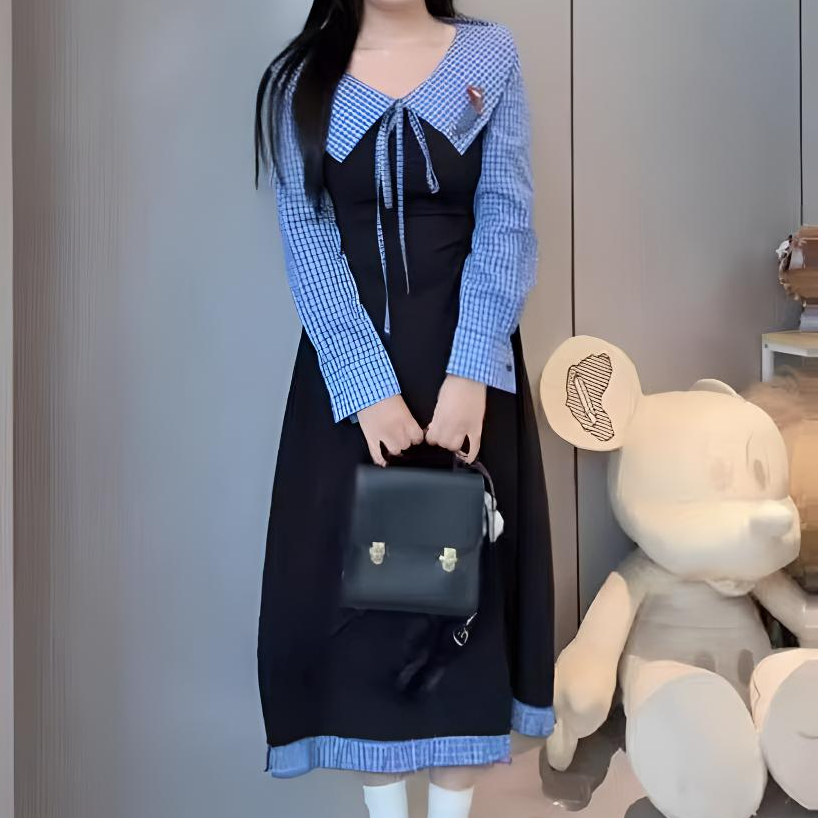 学院风拼接格子连衣裙假两件显瘦气质长袖打底减龄格纹