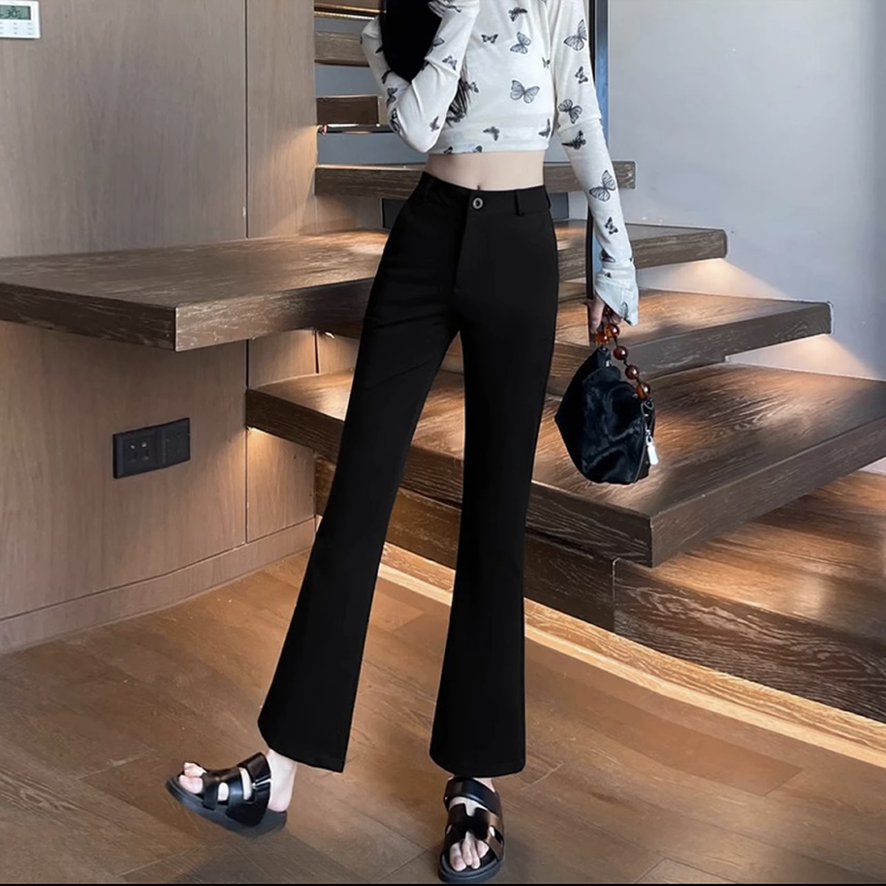 秋冬微喇裤小个子休闲裤女九分裤显瘦修身垂感黑色外穿西装裤