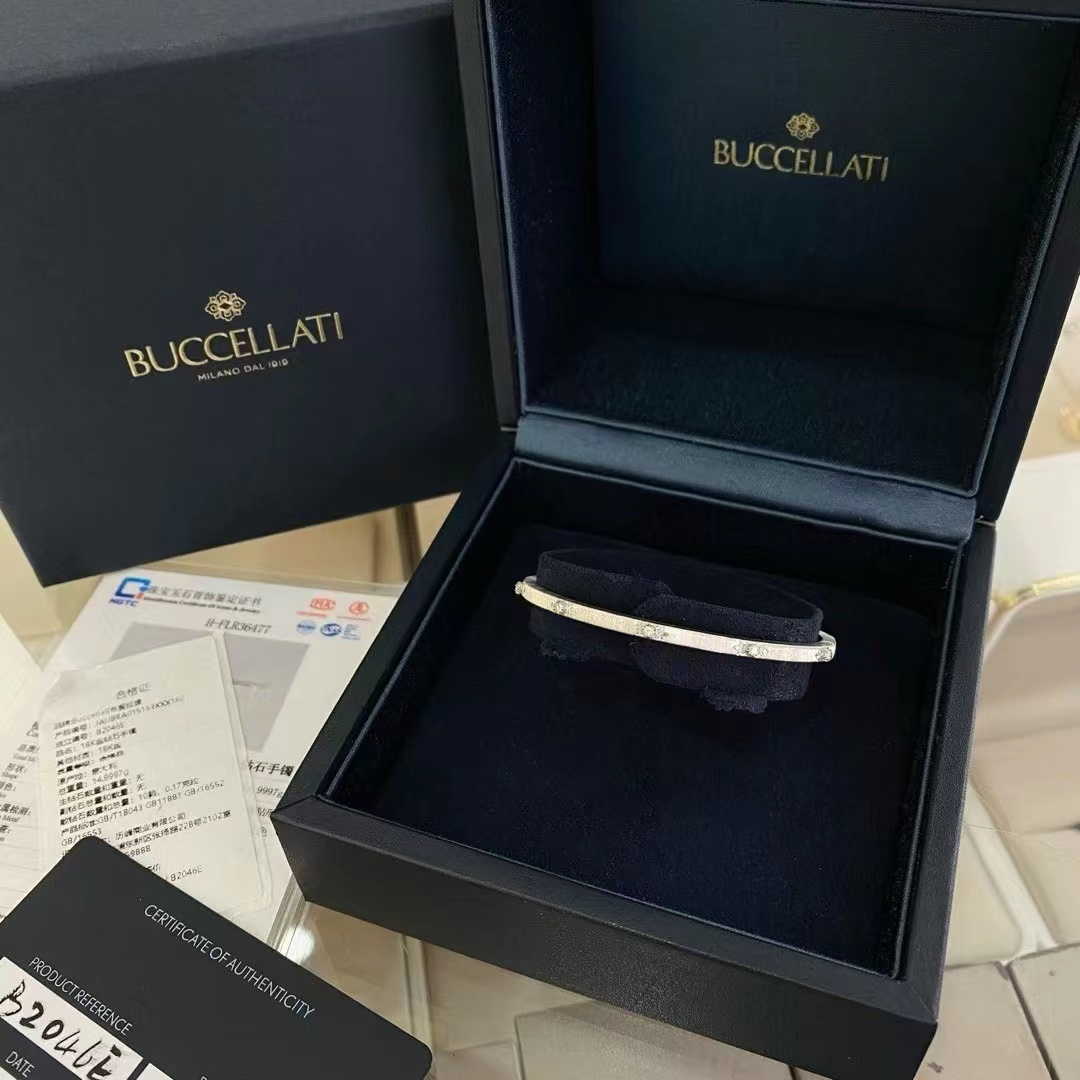 99新 BUCCELLATI/布契拉提 【欢欢】拉丝雕花十钻18K白金 手镯 16号