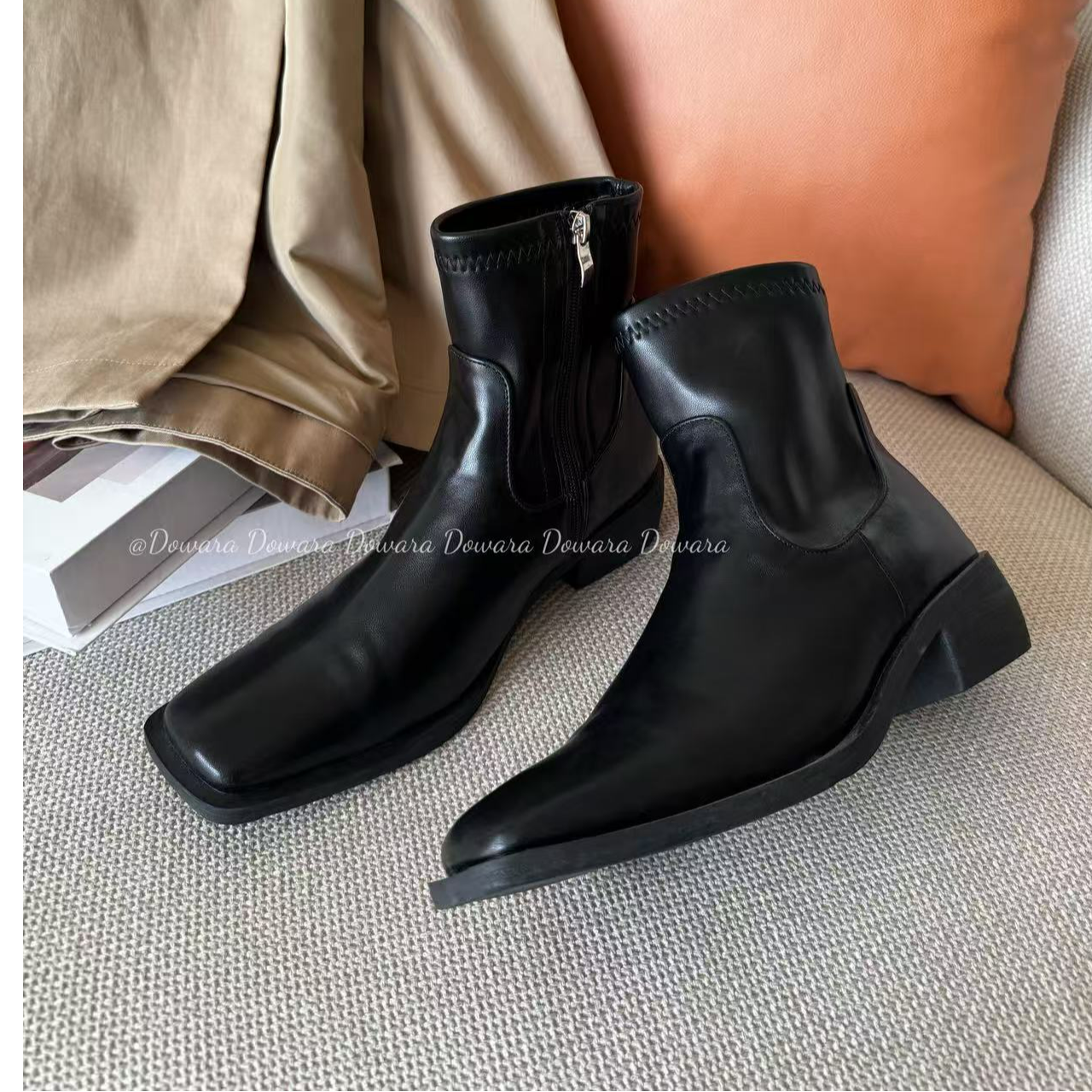 瘦瘦靴软底舒适暴走靴极简通勤百搭方头粗跟切尔西短靴高跟裸靴女