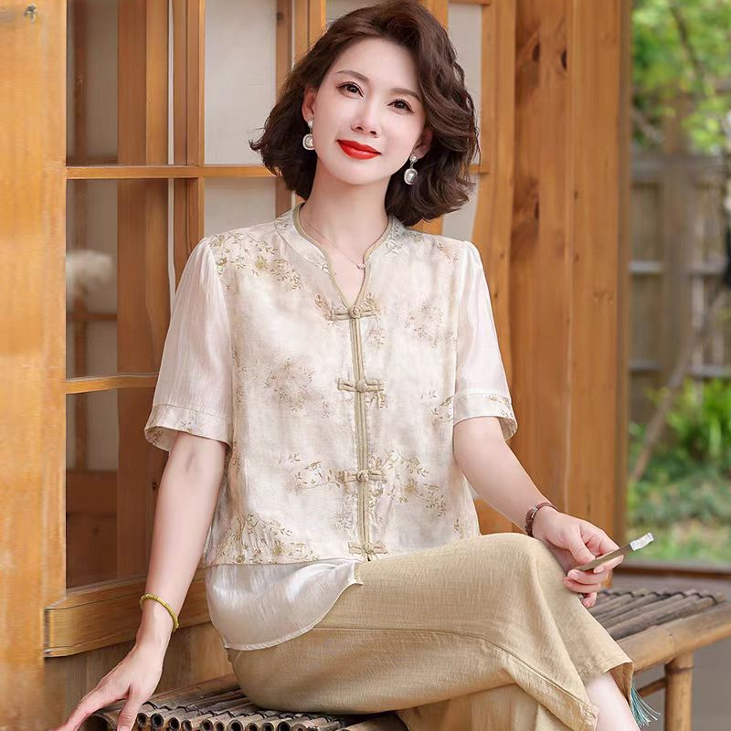 9513-【上衣+裤子】夏季新款新中式国风盘口气质开衫上衣套装（F仓）