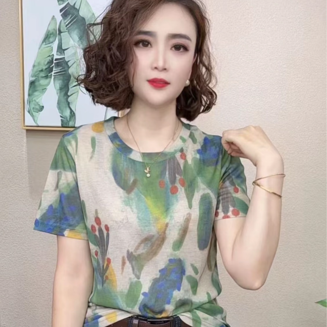 短袖印花夏季女士纯色拼接T恤显瘦迷彩时尚圆领夏季