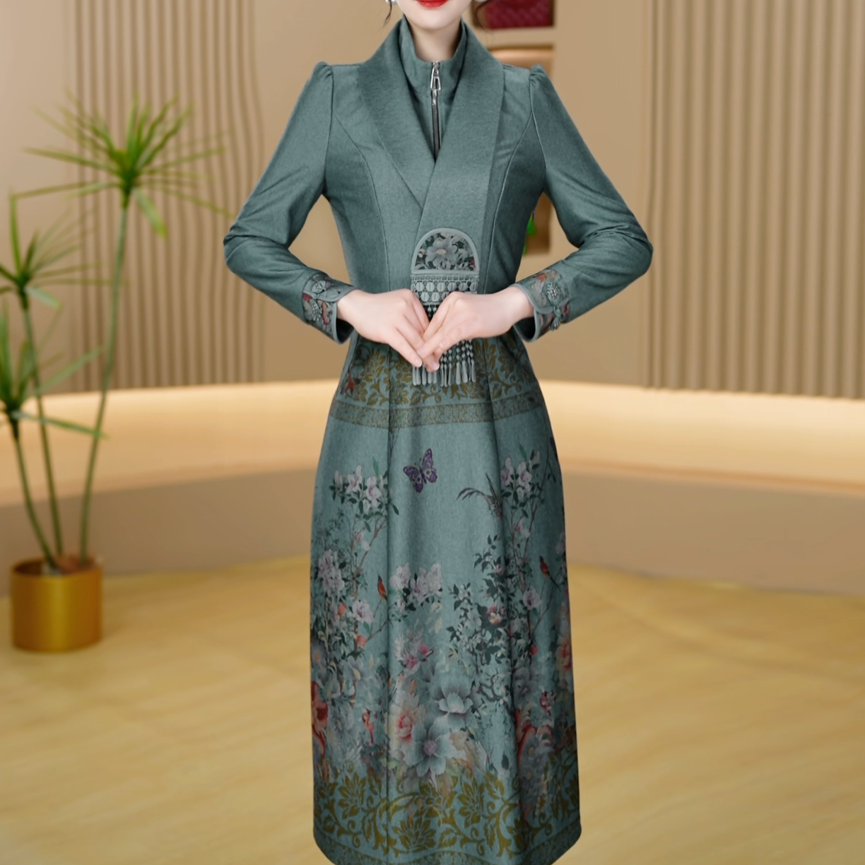 【晨薇女装】2502早春穿搭新中式连衣裙时尚大气收腰修身显气质