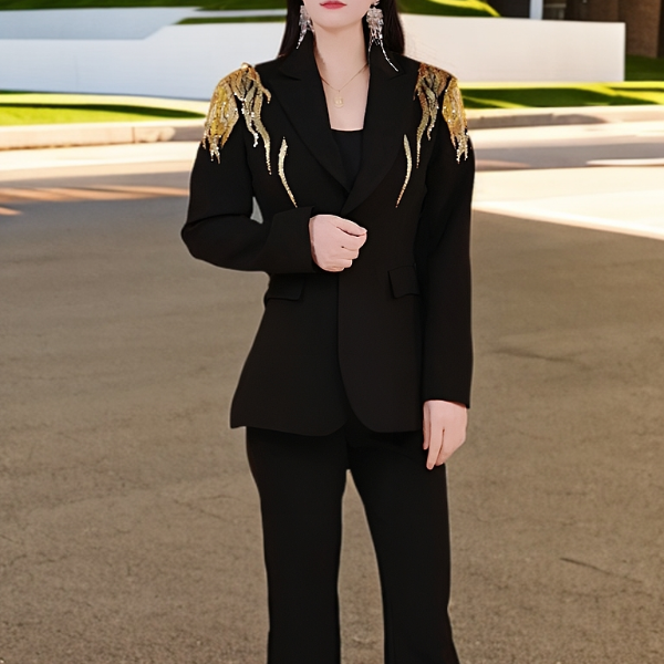 火焰刺绣带亮片长袖气质洋气休闲秋款修身显瘦时尚女神套装秋冬