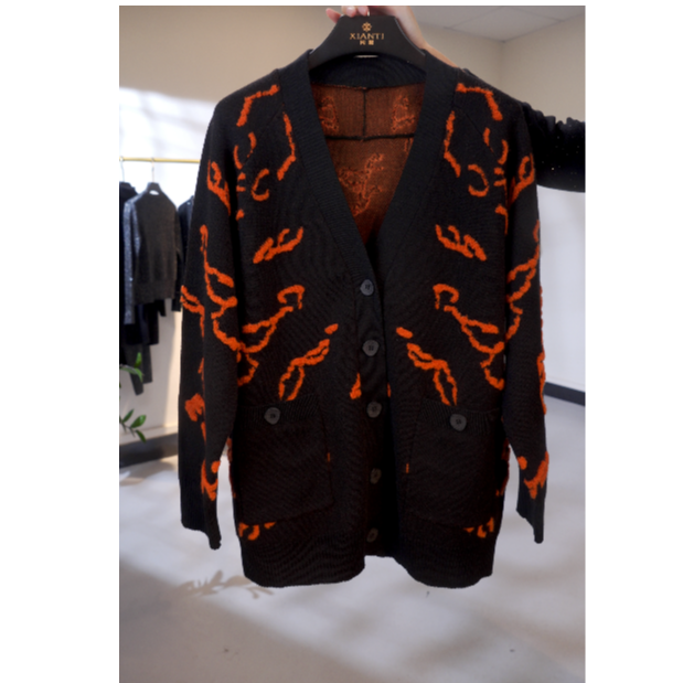 【重磅加厚】美丽诺羊毛立体提花中长款开衫外套女XT-2518141