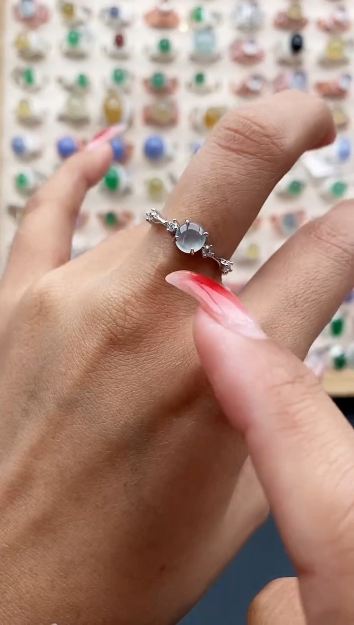 【闪购商品】翡翠戒指银S925镶嵌缅甸天然A货翡翠222 5+8