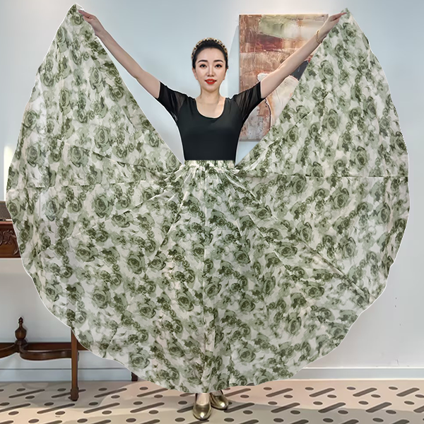 A《绿缕玫瑰》乔其纱满铺印花时尚百搭全松紧腰大摆半身裙带衬裙