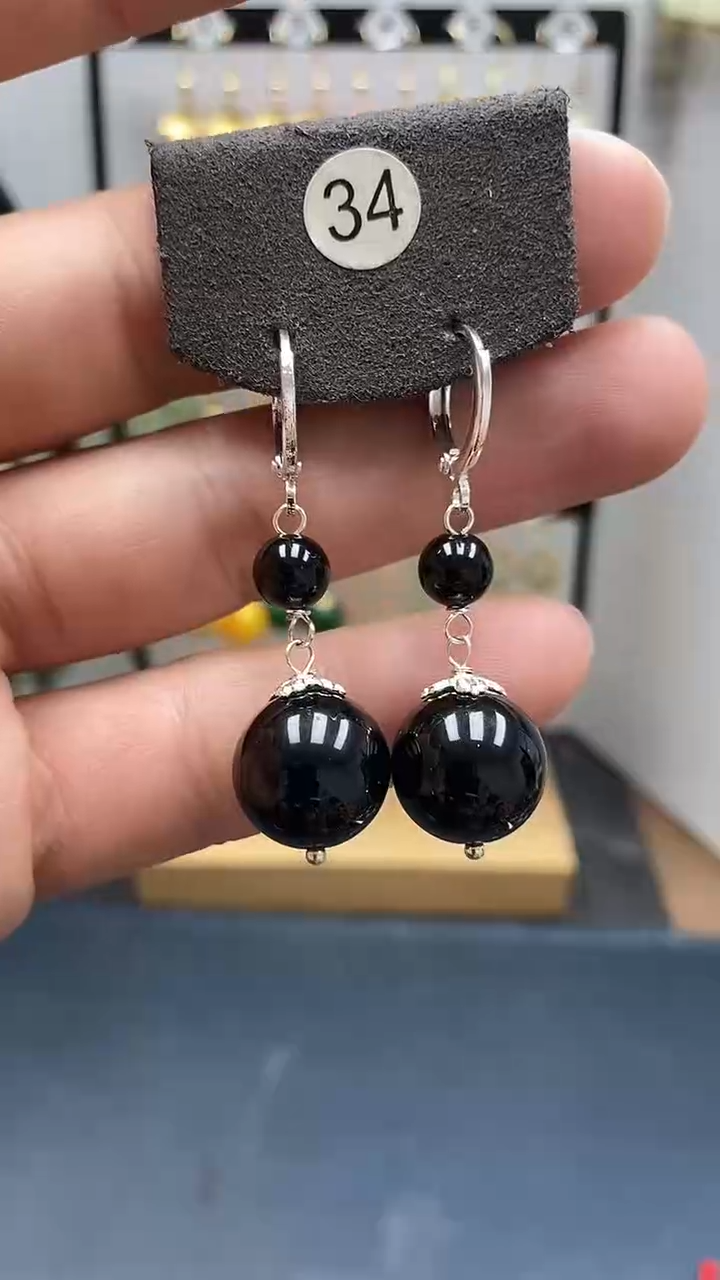 银S925镶嵌黑曜岩耳饰尺寸14mm连珠耳扣