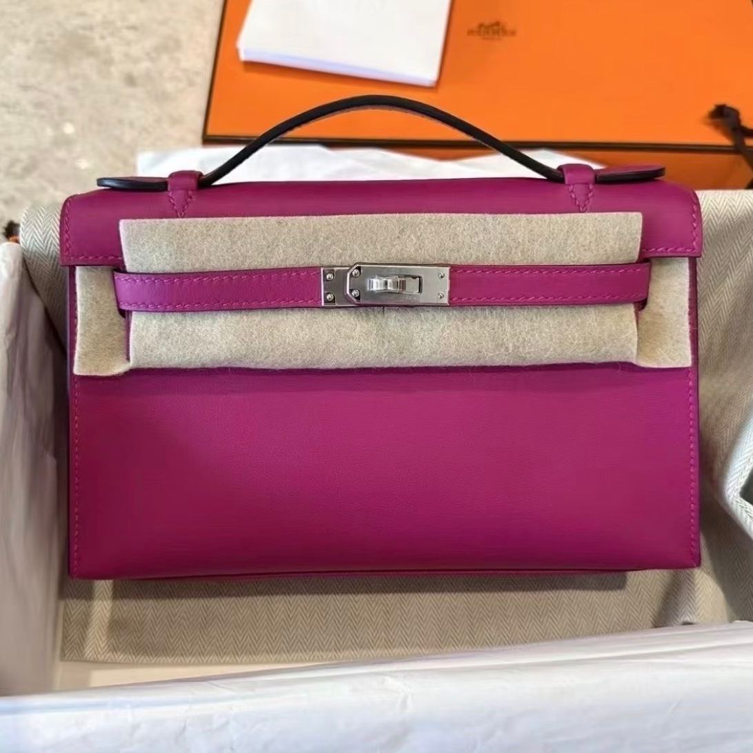 99新 Hermes/爱马仕 小花Jerry Kelly一代 玫瑰紫sw皮 C刻银扣包