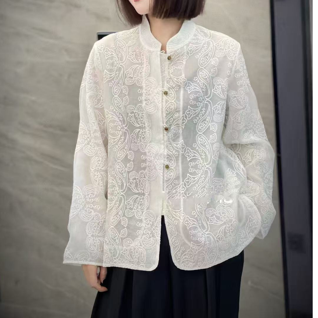 春夏新款 简约真丝腰果花绣花外套女轻薄