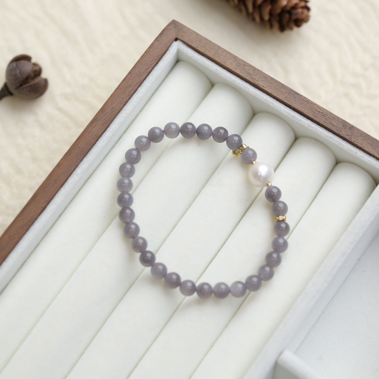 【云边】烟紫和田玉 珍珠顶珠手串（多样性发货）