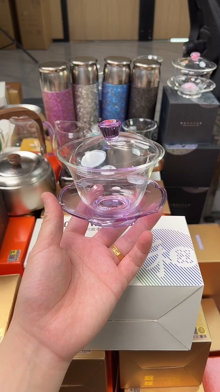 @@禾器晶彩荷叶盖碗浅紫色