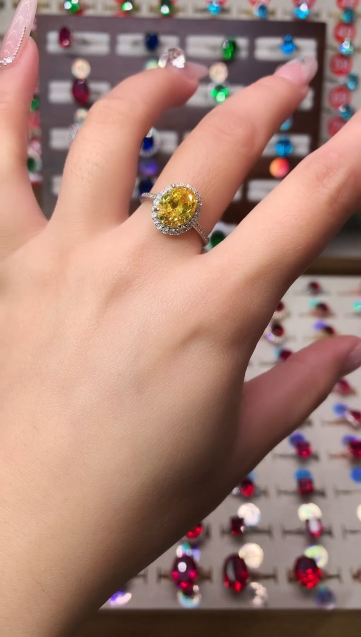 银S925镶嵌戒指黄色碧玺8*10 银托 