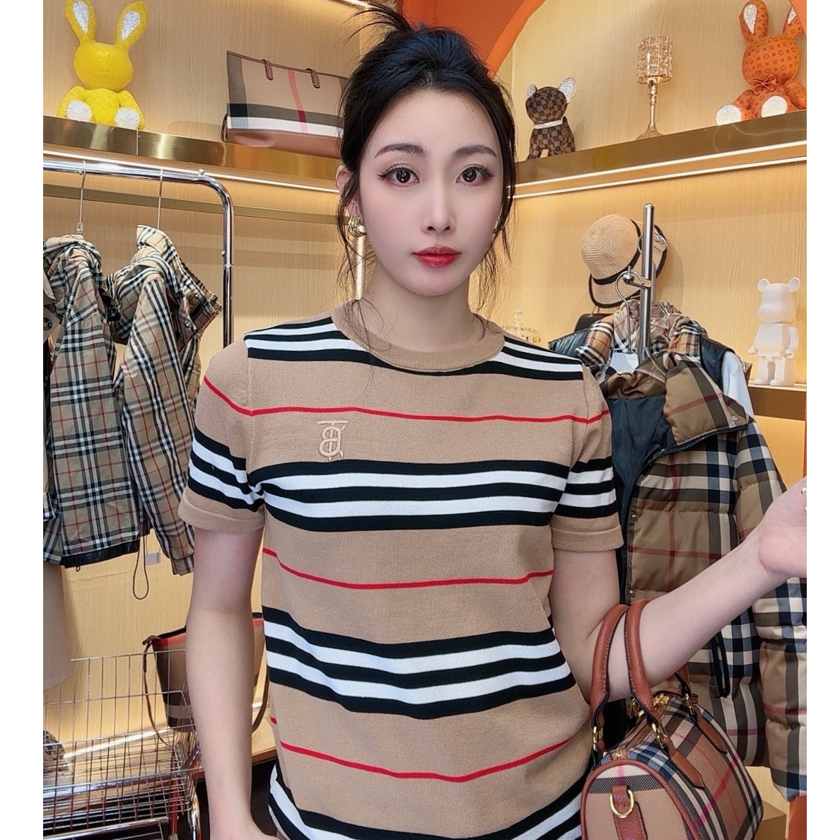 Coco专属-2025春夏新款条纹冰丝针织打底衫休闲气质T恤时尚