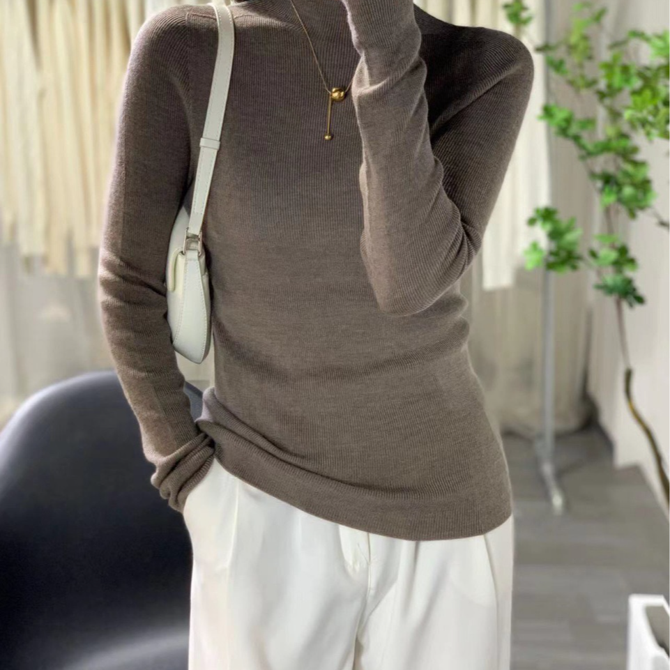 100%绵羊毛长袖小高领休闲百搭纯色秋冬女士可机洗针织