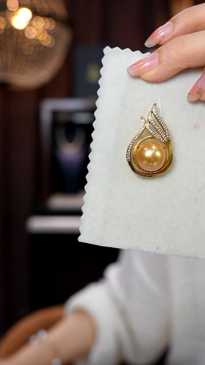 银S925镶嵌吊坠(不含链)海水珍珠金珠13-14mm