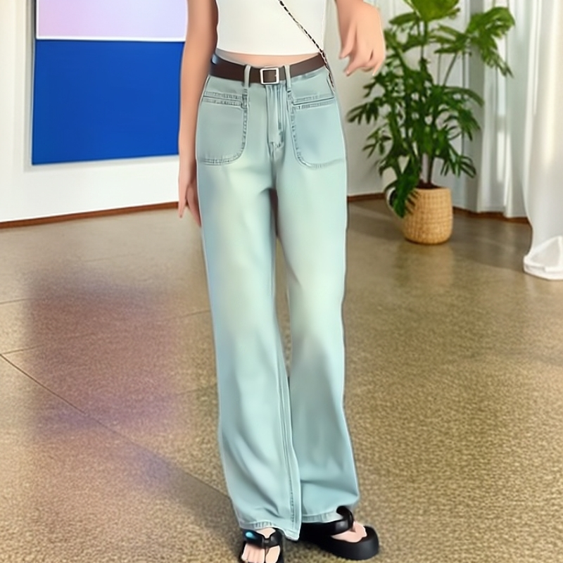 蓝色阔腿牛仔裤女季秋九分裤2025新款垂感宽松高腰窄版直筒裤长裤