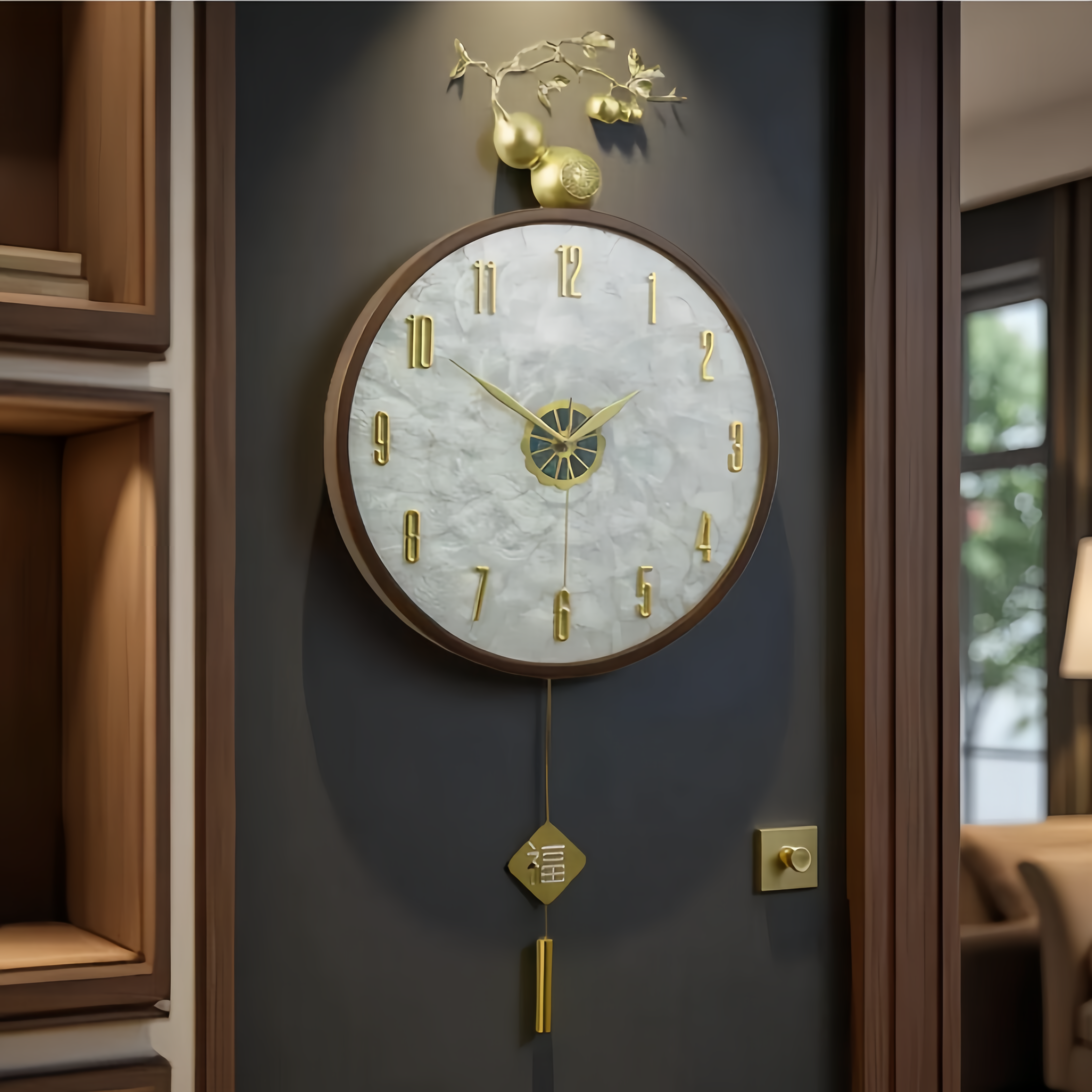 实木贝壳福禄金属新中式挂钟客厅钟表时钟挂墙简约现代家用石英钟