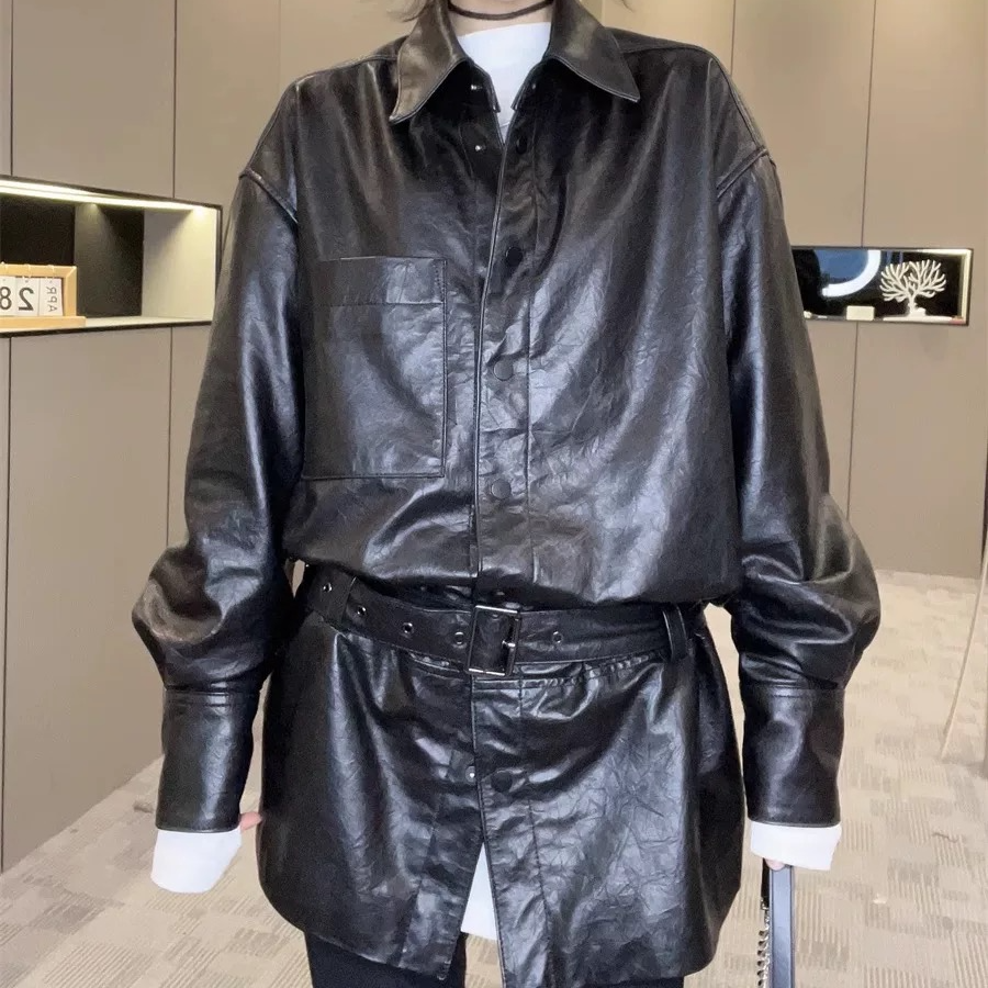 「Darley推荐」“模特走秀款”女士中长款牛皮衬衫外套真皮海宁走秀潮