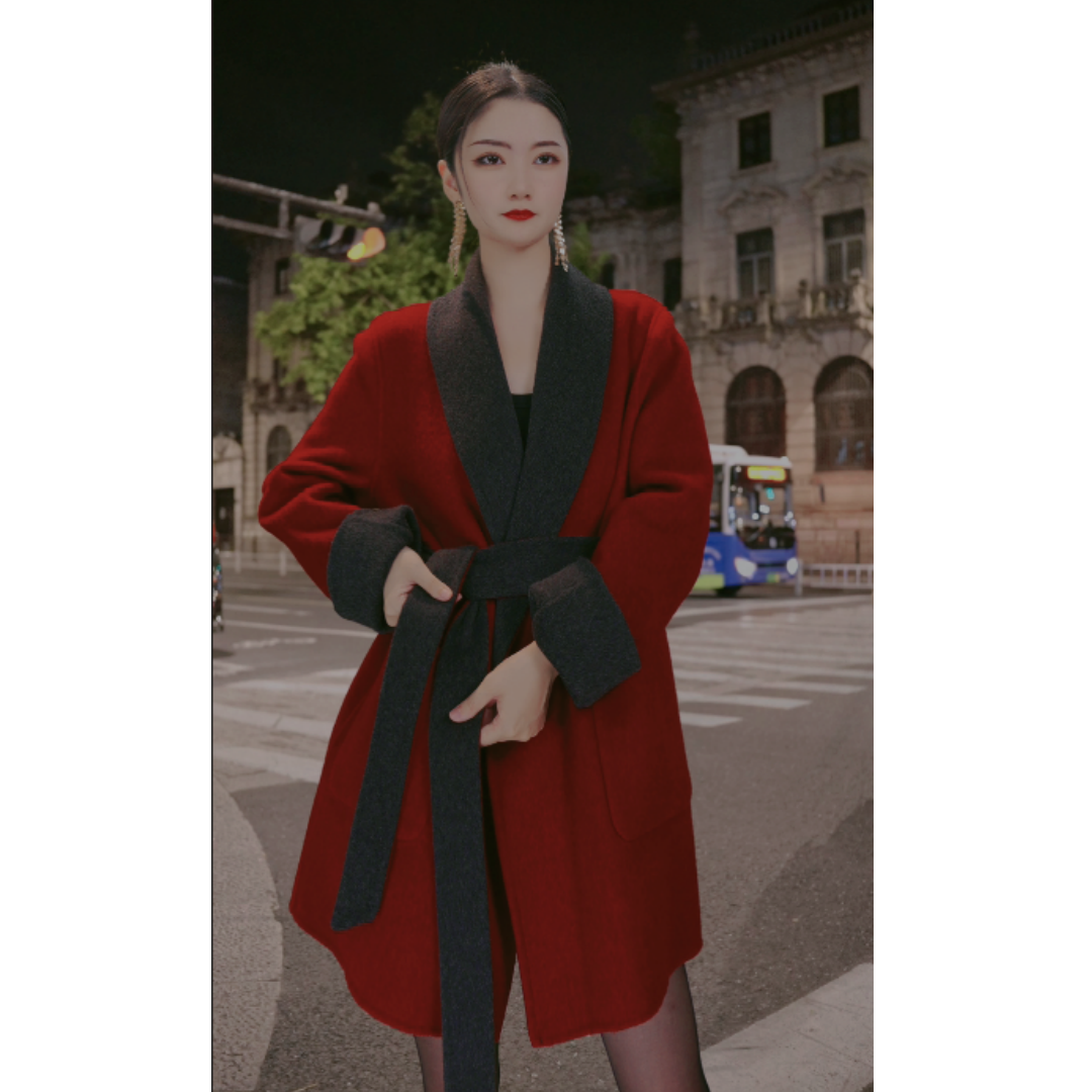 【山羊绒＋莱赛尔+绵羊毛】双色双面穿中长款气质双面呢大衣-禁水洗