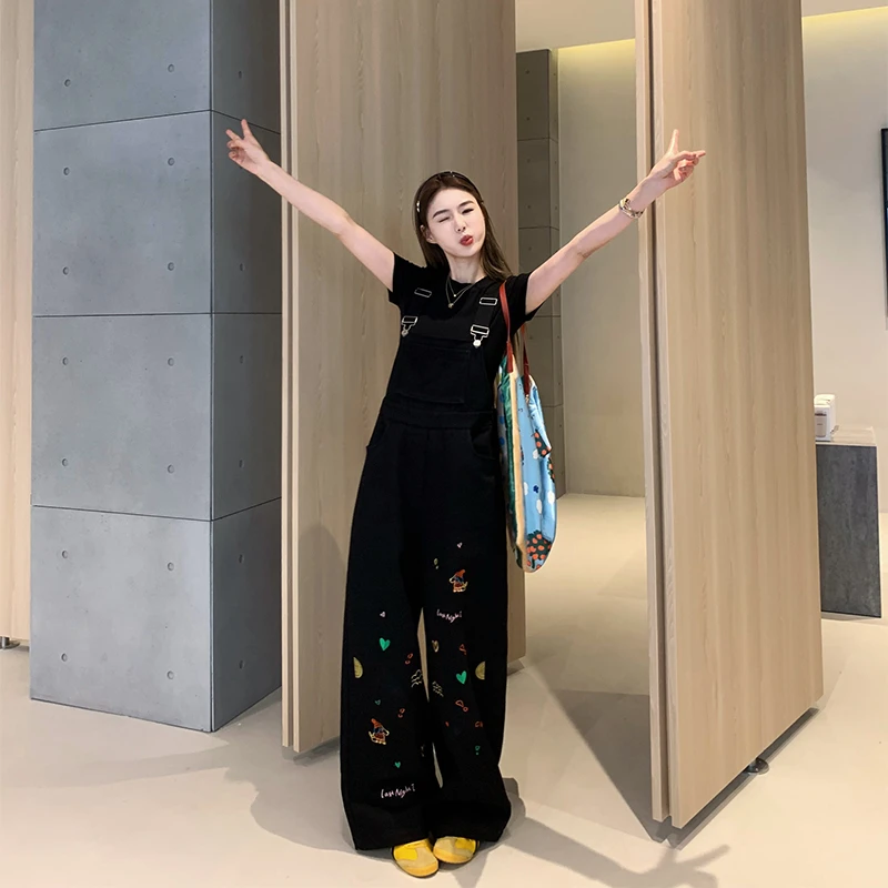 【现货+运费险】美式复古做旧奶酪陷阱刺绣牛仔裤女水洗重工背带裤