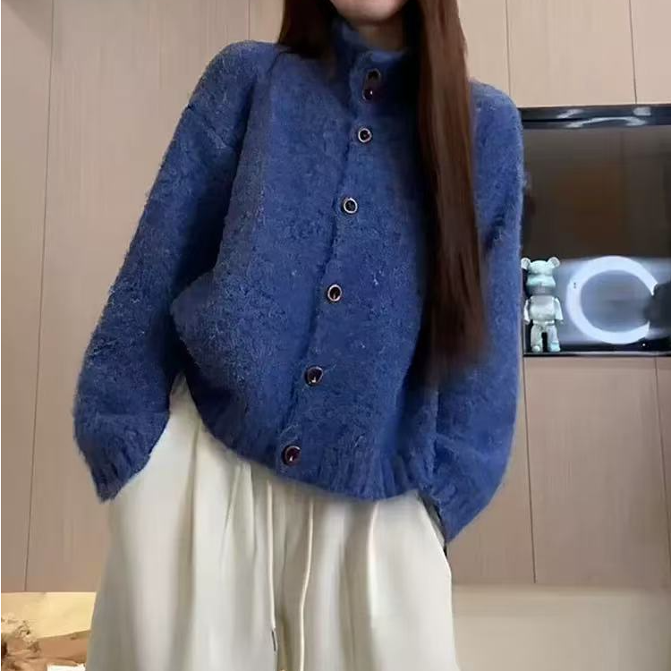 【运费补贴】宝石蓝针织开衫女毛衣外套气质单排扣宽松上衣