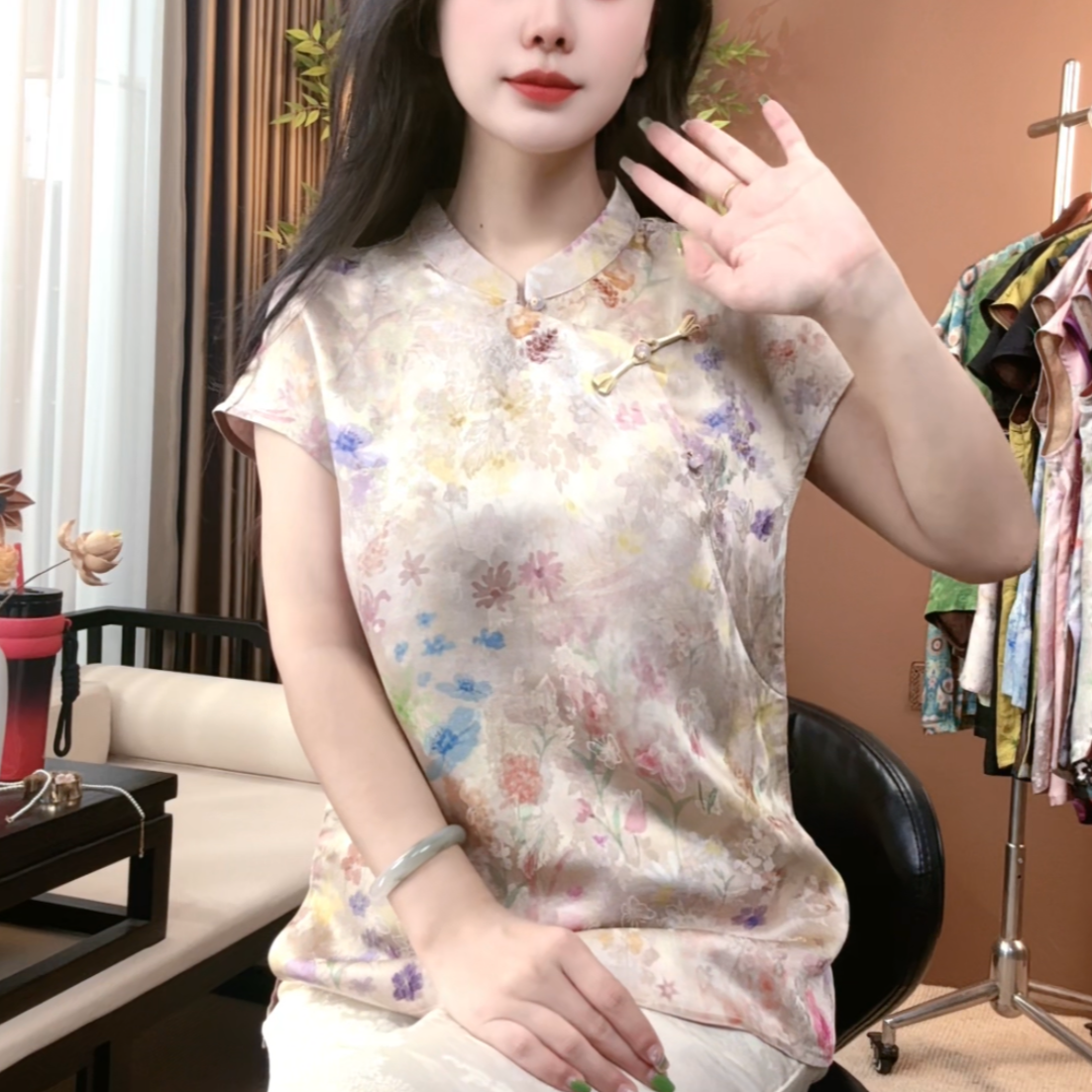 2025新中式夏季桑蚕丝短袖时尚显瘦百搭中国风上衣女S112