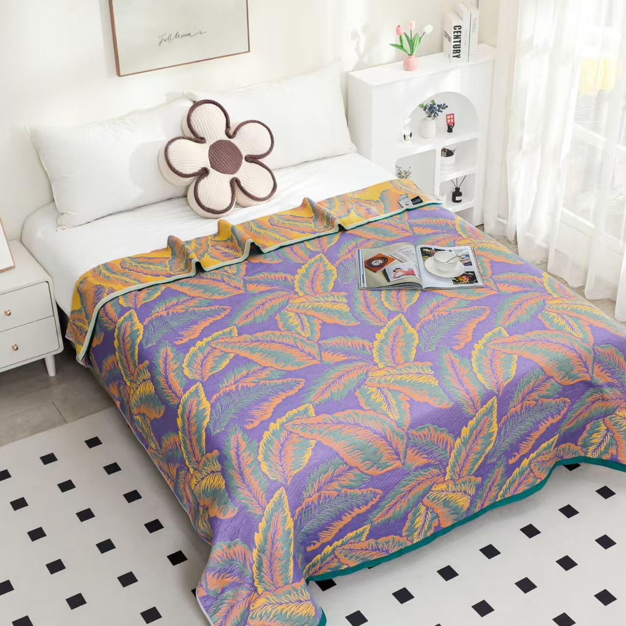 长绒棉罗布麻纱布舒适透气床盖紫色鸢尾花多功能2