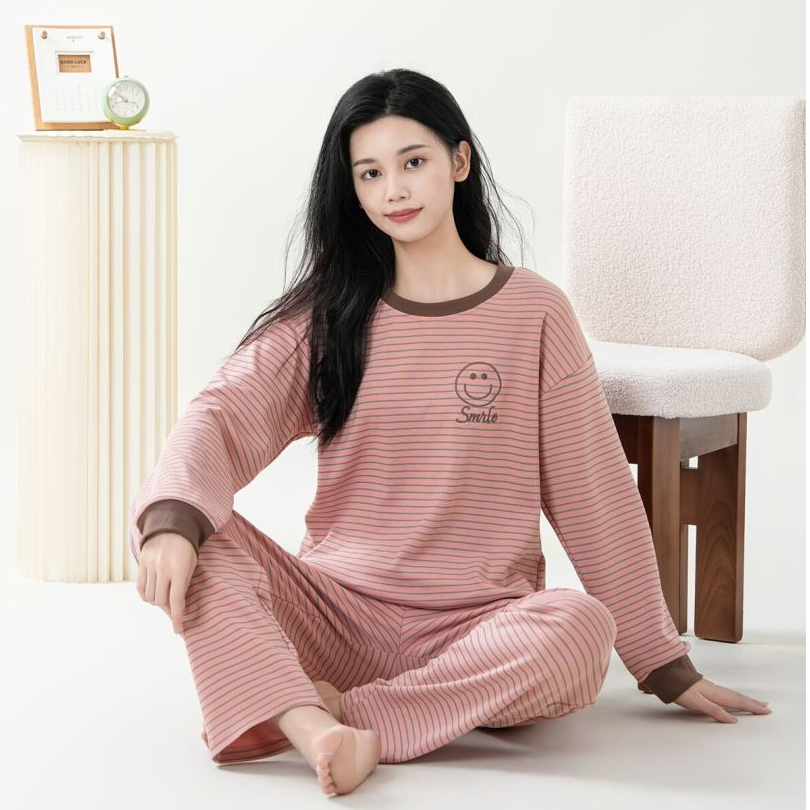 女士纯棉带胸垫粉咖色条纹圆领套头长袖长裤家居服睡衣女套装时尚
