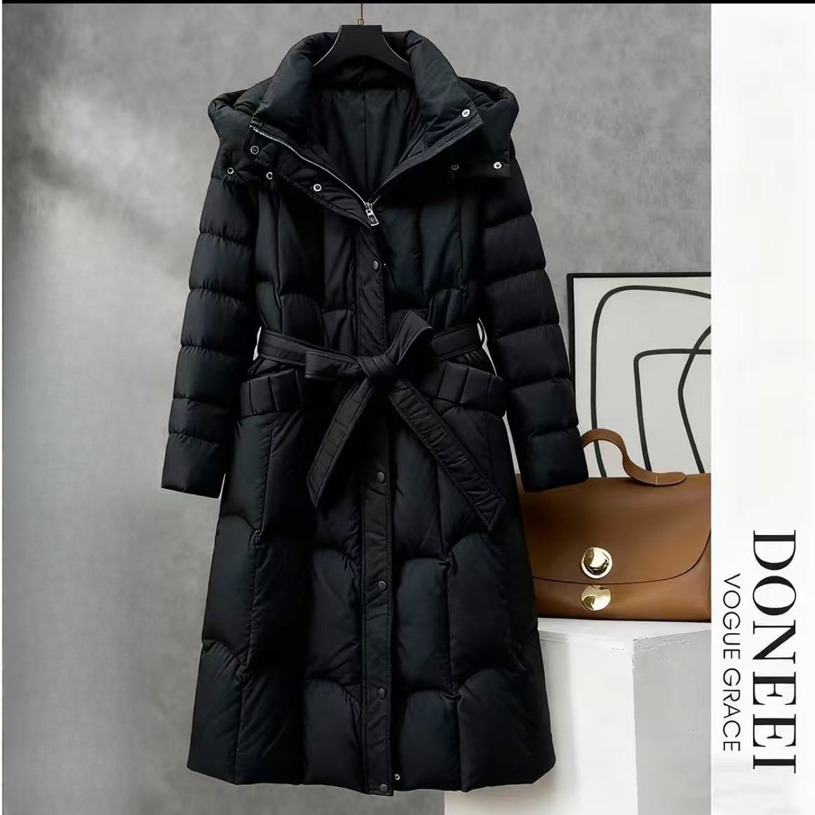 Y458 冬季新款时尚洋气过膝收腰系带保暖连帽羽绒服MAN