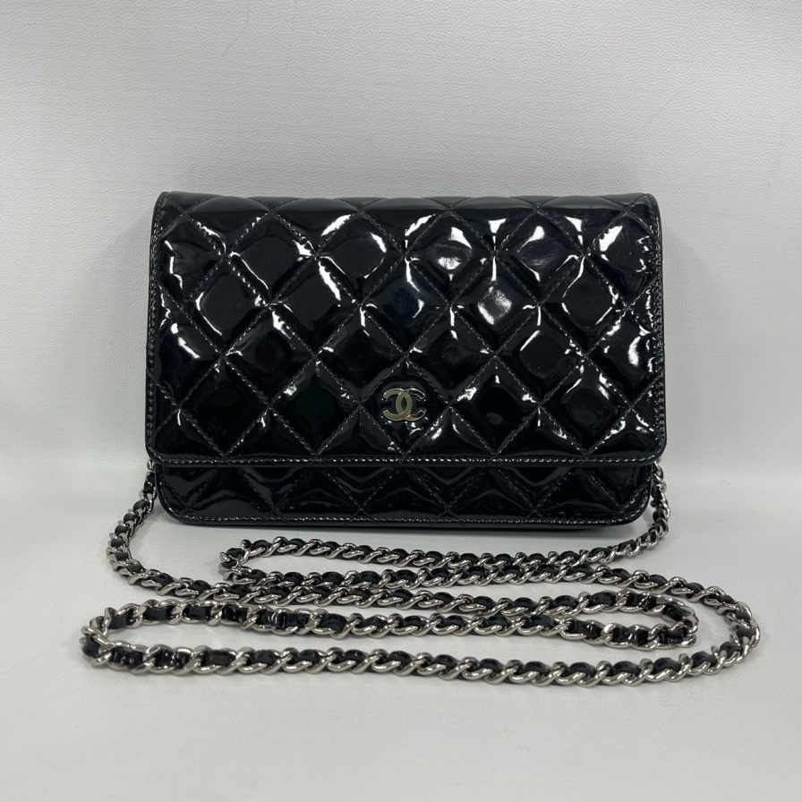 95新 Chanel/香奈儿 外场/黑色漆皮WOC链条斜挎包银扣