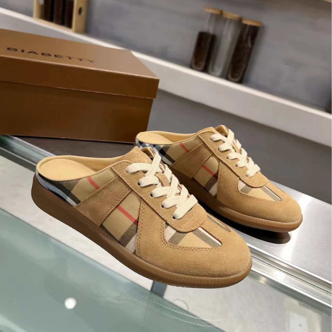 新款真皮棕色复古德训包头半托系带拼色时尚休闲舒适懒人拖鞋女鞋