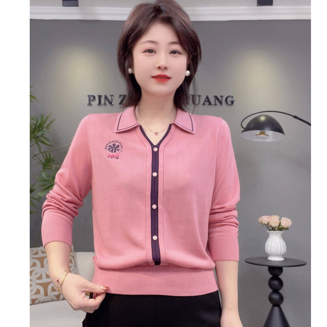 026新年款翻领拼色假两件高档莱赛尔天丝长袖小衫81560