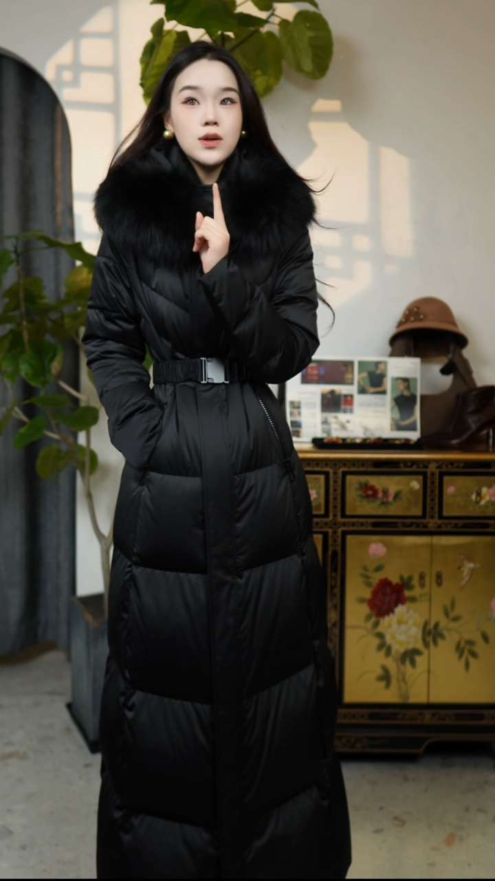 黑色95白鹅绒毛毛领长款腰带鹅绒 S码