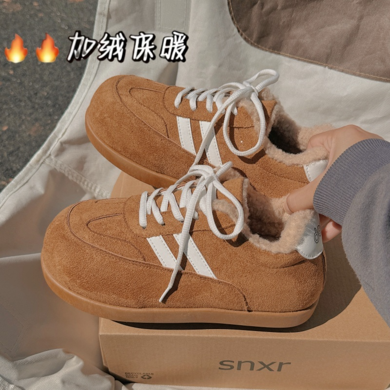 加绒厚底大头面包鞋女2025秋冬新款保暖百搭德训板鞋丑萌休闲棉鞋
