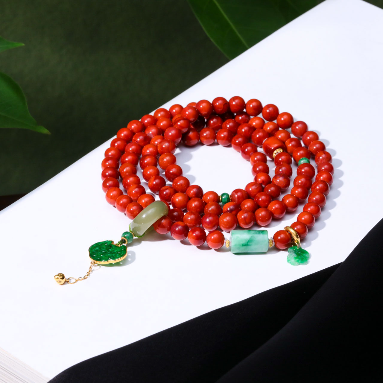 【意婵】《画梳窗》“大超值”6.5mm原矿18K金108珠牛血红南红915659