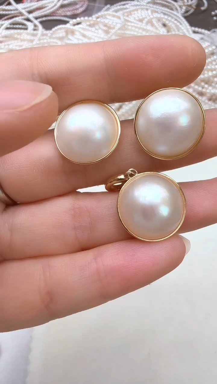 耳饰银S925镶嵌拼合珍珠（马贝珠）光板金色套装